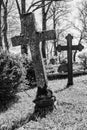 Cross headstone in cemetery.