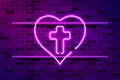 Cross and heart, Jesus in the heart concept glowing purple neon sign or LED strip light. Realistic vector illustration Royalty Free Stock Photo