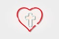 Cross and heart, Jesus in the heart glowing 3D symbol, card template on light blue background. Vector illustration Royalty Free Stock Photo