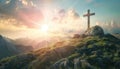 A cross is on a hill with a beautiful sunset in the background by AI generated image Royalty Free Stock Photo