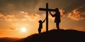 A cross on a hill at sunset, with a mother and her child.