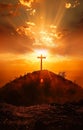 Cross on the hill - symbol of crucifixion of Jesus Christ. On beautiful sunset background Royalty Free Stock Photo