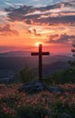Cross on the hill - symbol of crucifixion of Jesus Christ. On beautiful sunset background Royalty Free Stock Photo