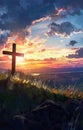 Cross on the hill - symbol of crucifixion of Jesus Christ. On beautiful sunset background Royalty Free Stock Photo