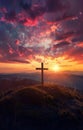 Cross on the hill - symbol of crucifixion of Jesus Christ. On beautiful sunset background Royalty Free Stock Photo