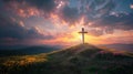 Cross on the hill - symbol of crucifixion of Jesus Christ. On beautiful sunset background Royalty Free Stock Photo