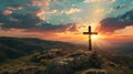 Cross on the hill - symbol of crucifixion of Jesus Christ. On beautiful sunset background Royalty Free Stock Photo