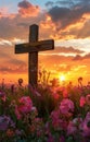 Cross on the hill - symbol of crucifixion of Jesus Christ. On beautiful sunset background Royalty Free Stock Photo