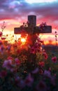 Cross on the hill - symbol of crucifixion of Jesus Christ. On beautiful sunset background Royalty Free Stock Photo