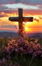 Cross on the hill - symbol of crucifixion of Jesus Christ. On beautiful sunset background Royalty Free Stock Photo