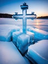 a cross in the ice on the lake Royalty Free Stock Photo