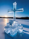 a cross in the ice on the lake Royalty Free Stock Photo