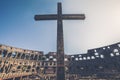 Cross inside the Colosseum of Rome in Italy. Flavian Amphitheater, antiquity of the Roman Empire.
