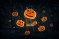 Cross with Jack O Lantern pumpkin fly over spooky forest at nigh Royalty Free Stock Photo