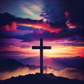 cross of Jesus Christ. Easter and the idea of resurrection. Christian iron cross against a backdrop of stunning lighting, a sunset Royalty Free Stock Photo