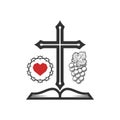 The cross of Jesus Christ, a heart framed with a crown of thorns, a vine and a bible. Royalty Free Stock Photo