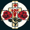 Cross of Jesus Christ with red roses on black background. Vector illustration. Generative AI