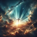 Cross of Jesus Christ set against a dramatic sky, bathed in celestial light with billowing clouds and radiant sunbeams Royalty Free Stock Photo