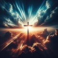 Cross of Jesus Christ set against a dramatic sky, bathed in celestial light with billowing clouds and radiant sunbeams Royalty Free Stock Photo