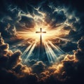 Cross of Jesus Christ set against a dramatic sky, bathed in celestial light with billowing clouds and radiant sunbeams Royalty Free Stock Photo