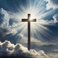 Cross of Jesus Christ set against a dramatic sky, bathed in celestial light with billowing clouds and radiant sunbeams Royalty Free Stock Photo