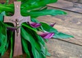 Cross with jesus christ on a wooden background with a purple calla - religious easter lent concept