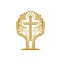 The cross of Jesus and the flame of the Holy Spirit against the background of the tree of eternal life.