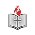 The cross of Jesus, an open Bible and symbols of the Holy Spirit - a dove in a flame of fire. Royalty Free Stock Photo