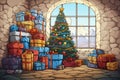 Christmas gift boxes on the floor near the christmas tree - Generative AI