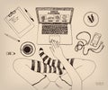 Cross-legged woman working on laptop at home. Legs in socks. Creative job. Freelance. Hand drawn ink vector sketch Royalty Free Stock Photo