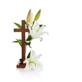 Cross with lilies isolated on white background for decorative design. Spring background. Easter card. Royalty Free Stock Photo