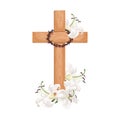 Cross with lilies isolated on white background. Religious symbols wooden cross, white lily and crown of thorns Royalty Free Stock Photo