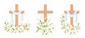 Cross With Lilies. Religious  Easter Symbol. Colorful Set. Vector
