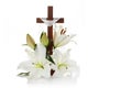 Cross with lilies isolated on white background for decorative design. Spring background. Easter card.