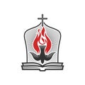 The cross of the Lord Jesus Christ, a dove in flame - as a symbol of the Holy Spirit of God, and an open Bible. Royalty Free Stock Photo