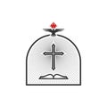 The cross of the Lord Jesus Christ, a dove and a flame of fire - as symbols of the Holy Spirit of God, and an open Bible. Royalty Free Stock Photo