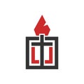 The cross of the Lord Jesus Christ, an open Bible and a flame of fire are a symbol of the Holy Spirit. Royalty Free Stock Photo