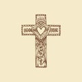 Cross of the Lord and Savior Jesus Christ hand-drawn. Doodle and design elements inside. Christian and biblical symbols