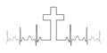 Cross mark symbol Christian faith, a vector single line, the cross and the pulse heart beats, the excitement of religion