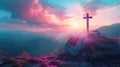 Cross on a mountain with purple clouds and a sunbeam at sunset. Royalty Free Stock Photo