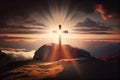 Cross on the mountain with sun light, belief, faith and spirituality, crucifixion and resurrection of Jesus Christ, birth at Royalty Free Stock Photo