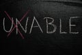 Cross over unable word on black chalkboard Royalty Free Stock Photo