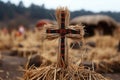 A cross with a pheromone displayed in front symbolizing a unique blend of spirituality and attraction in a serene setting, palm