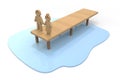 Couple on the pier. Wooden pier. Beautiful water surface. 3D rendering