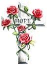 Cross with pink red roses and hope text