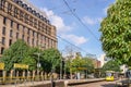 Cross-platform Metrolink tram stop in Manchester, England. Royalty Free Stock Photo