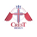 Cross Religious graphic emblem created using imperial crown and angel wings, Christian crucifixion. Heraldic Coat of Arms, vintage
