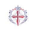 Cross Religious vintage emblem created using pentagonal star and floral ornament, Christian crucifixion. Heraldic Coat of Arms, Royalty Free Stock Photo