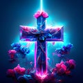 Cross with roses on dark blue background. 3d rendering, 3d illustration. AI Generated