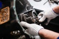 Cross-section of a car gearbox. mechanics work in the garage